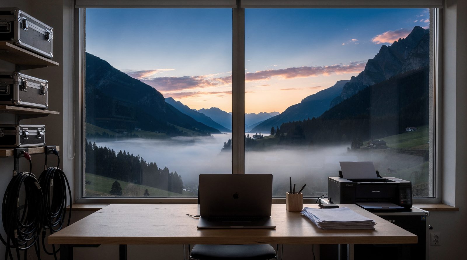 Bureau d'un entrepreneur seul à l'aube, illustration